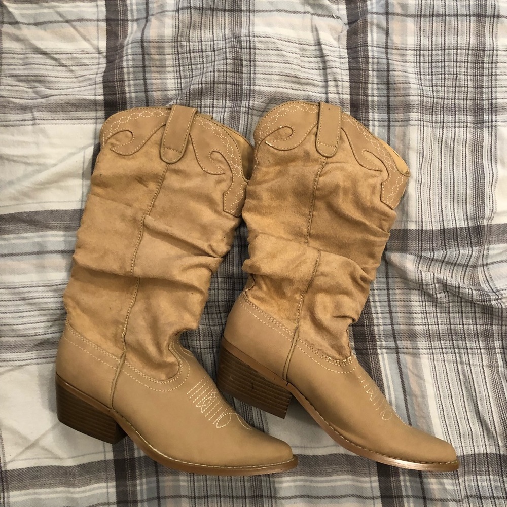 Women’s tan suede cowboy boots